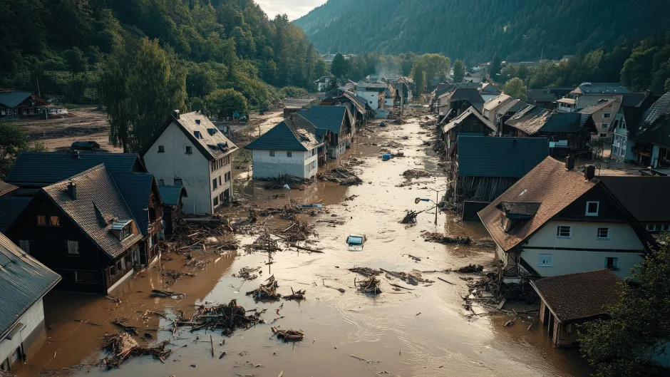 Ein überfluteter Ort in einem Tal